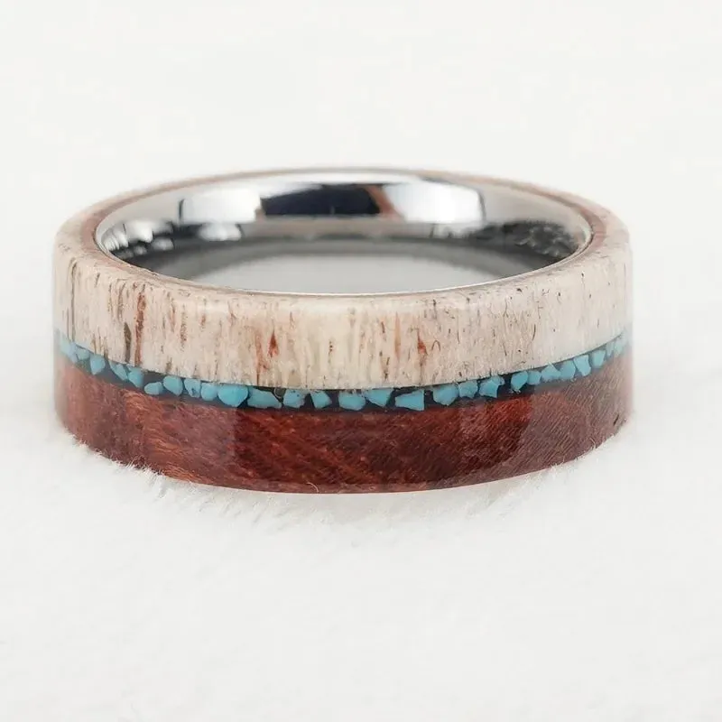Redwood, Turquoise, and Deer Antler Inlay Tungsten Carbide Men's Ring
